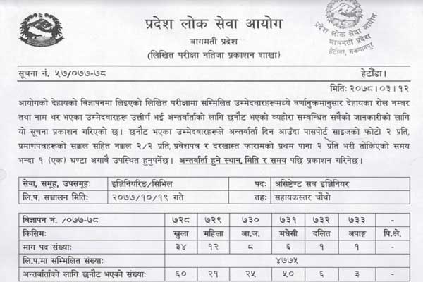 Bagmati - engineer 4th-5th tahako likhit result 2021